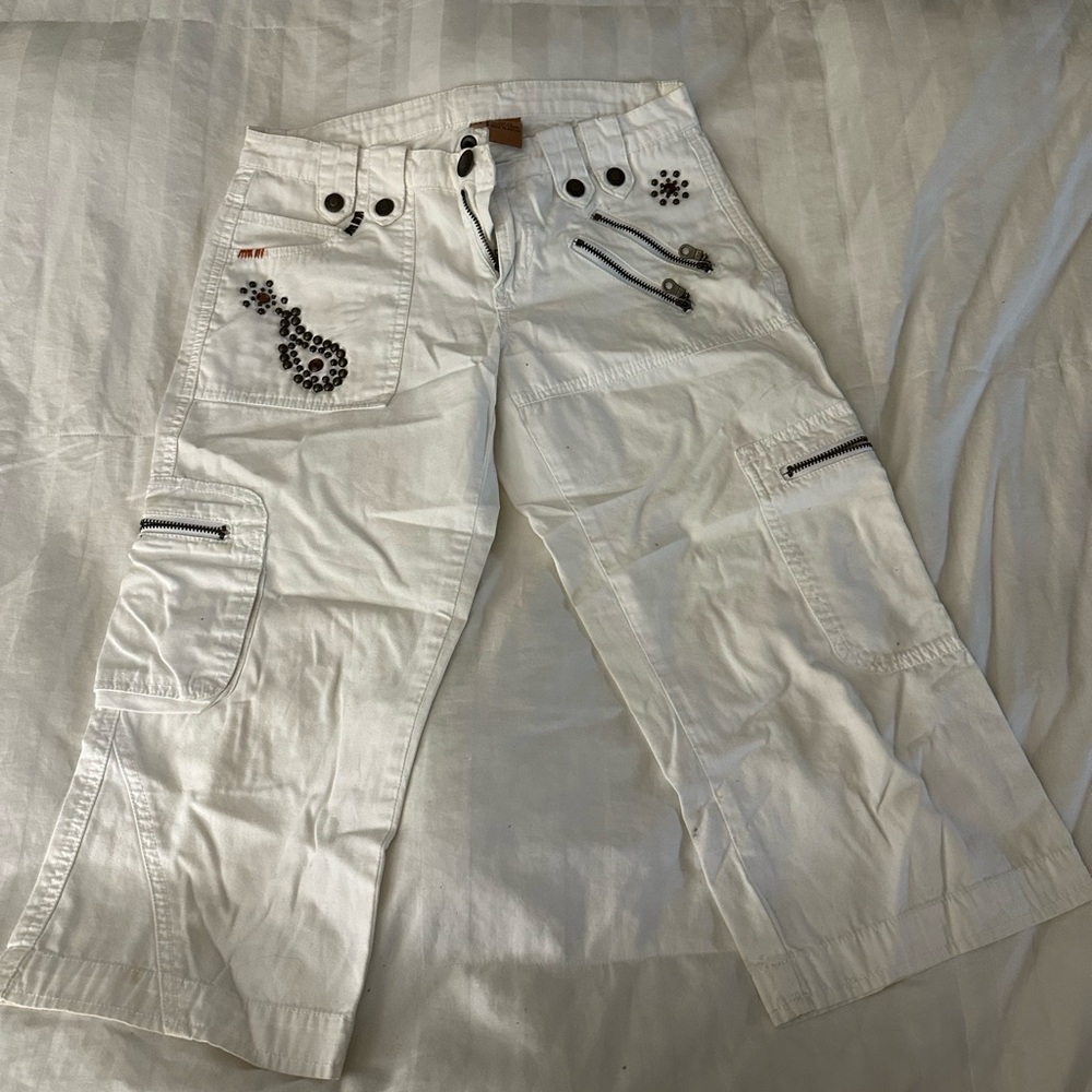 White Cargo Pants with Black Embellishments